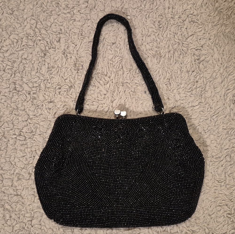 Vintage Bags by Debbie Black Floral Beaded Hand Bag EUC